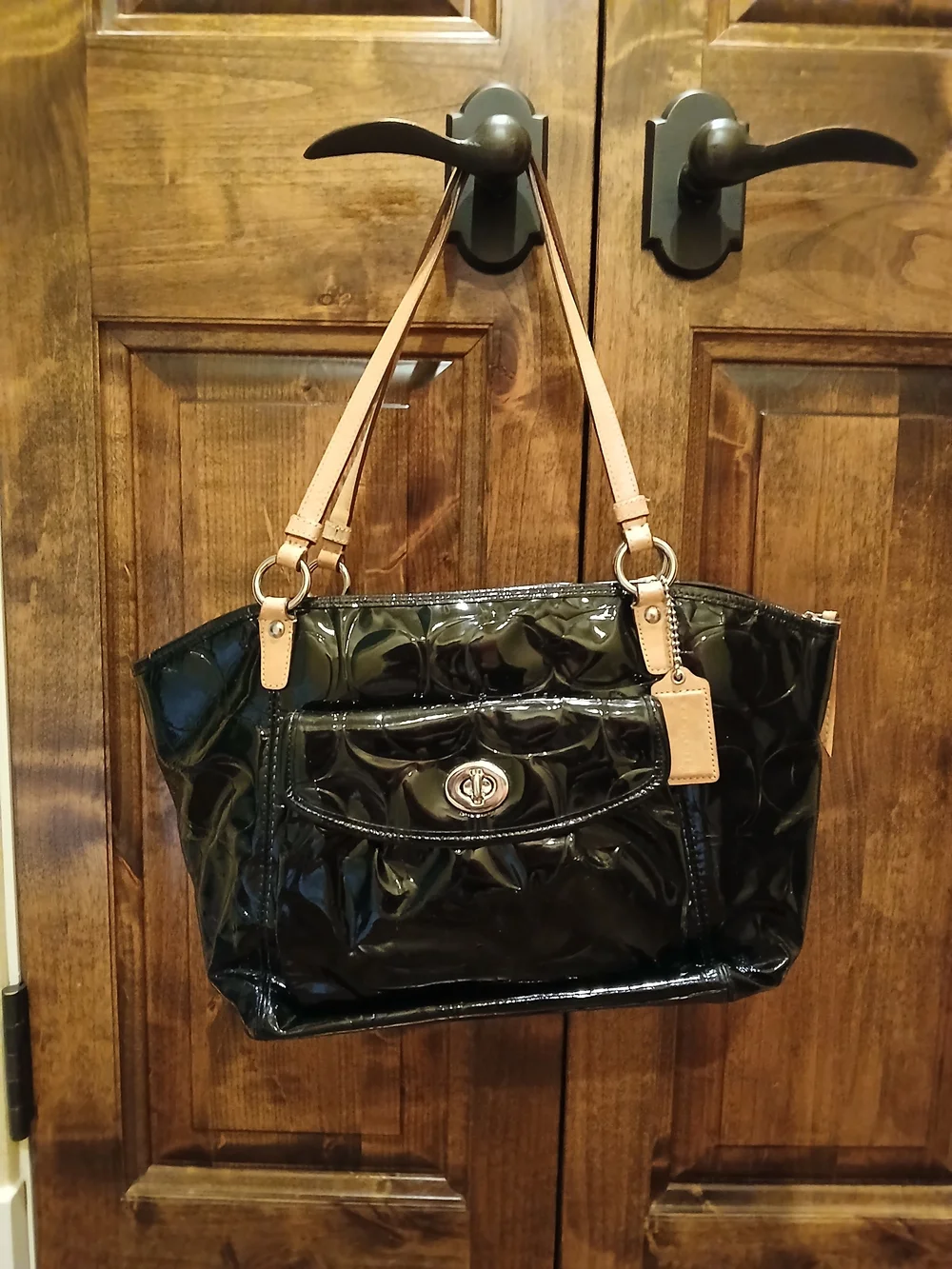 Coach Black Patent Tote with Tan Leather Straps